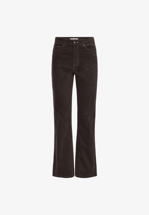 Brown corduroy flared jeans with a high waist, featuring front pockets, contrasting stitching, and a zipper fly. Smooth texture overall.