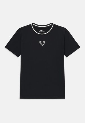 Black short-sleeve Nike T-shirt with white-trimmed round neck and small central Nike logo on chest.