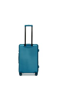 Harde koffer in teal, voorzien van een gegroefde textuur, uitschuifbare zwarte handgreep, vier wielen en een handvat aan de bovenkant.