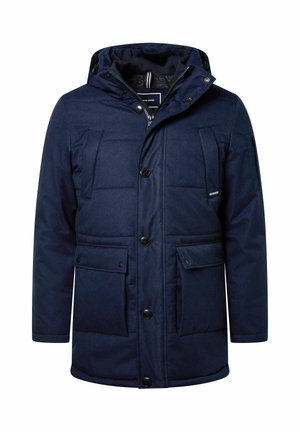 Donkerblauwe gewatteerde jas met capuchon, voorzien van een volledige rits, drukknoopsluitingen, vier voorzakken en een gestructureerde afwerking. Lichtgewicht en geïsoleerd.