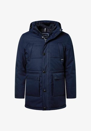 Dunkelblaue Steppjacke mit Kapuze, ausgestattet mit einem durchgehenden Reißverschluss, Druckknöpfen, vier Fronttaschen und einer strukturierten Oberfläche. Leicht und isoliert.