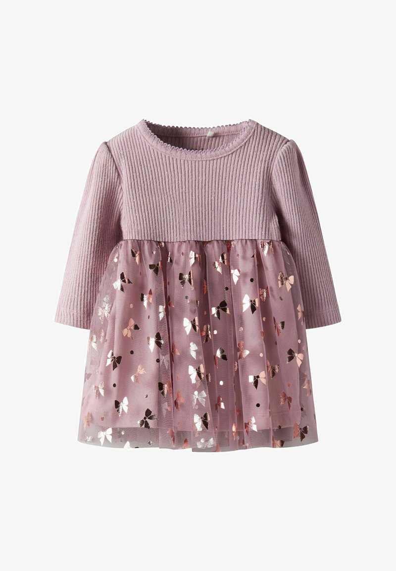 Robe rose avec un haut côtelé et une jupe en tulle ornée de nœuds en rose doré métallisé et de points, à manches longues et col rond.