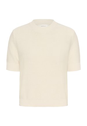 Pulover din tricot cu mânecă scurtă, de culoare crem, cu guler rotund, manșete cu nervuri și o croială lejeră. Are o textură netedă și un design minimalist.