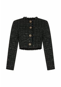 Zwarte cropped jas met een textuurpatroon, lange mouwen, een franjerand en gouden knopen. Heeft een vierkante halslijn en een gestructureerd ontwerp.