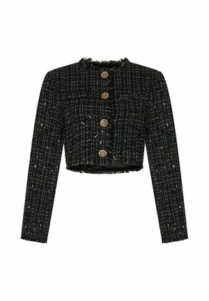 Black cropped jacket with a textured pattern, long sleeves, frayed hem, and gold buttons. Features a square neckline and structured design.