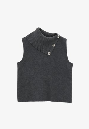 Top sin mangas de color gris carbón con cuello alto acanalado y tres botones decorativos en un hombro. Textura suave, diseño de corte holgado.