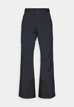 Dark blue snow pants with a smooth texture, featuring a straight fit, two side pockets, and reinforced black fabric at the hems.