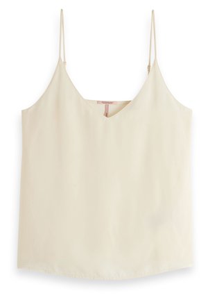 Cream-colored sleeveless top with a V-neckline, made of smooth fabric. Features thin adjustable straps and a straight hemline.