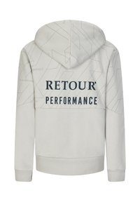 Felpa grigia chiara con un motivo testurizzato, caratterizzata da un grande logo "RETOUR PERFORMANCE" in blu scuro sul retro. Tessuto morbido e vestibilità standard.
