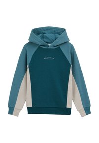 Mwica v modri barvi s kenguru žepom, raglan rokavi v različnih odtenkih modre in svetle sive poudarke. Na sprednji strani je napis "BLUE RIDGE DENIM".