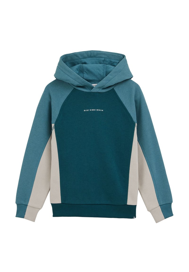Mwica v modri barvi s kenguru žepom, raglan rokavi v različnih odtenkih modre in svetle sive poudarke. Na sprednji strani je napis "BLUE RIDGE DENIM".
