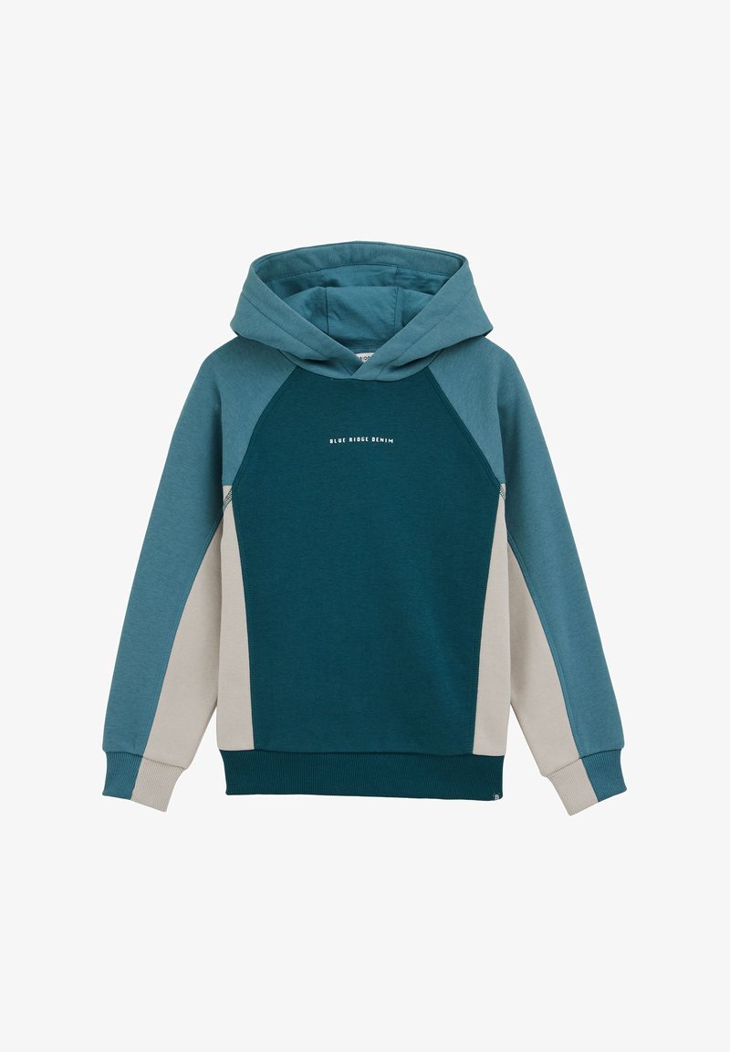 Mwica v modri barvi s kenguru žepom, raglan rokavi v različnih odtenkih modre in svetle sive poudarke. Na sprednji strani je napis "BLUE RIDGE DENIM".