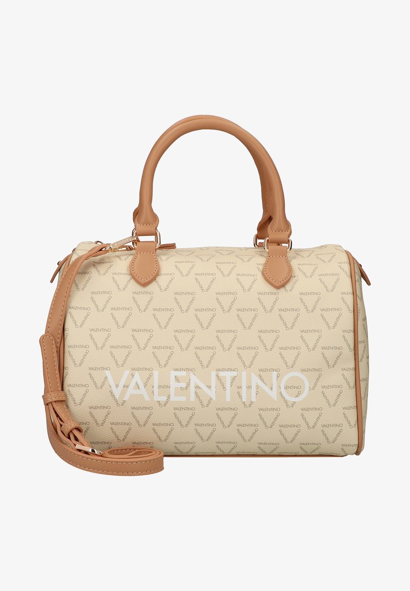 Beige handbag with a textured finish, featuring double top handles, a detachable strap, and repeated logo pattern. Accents in tan leather.