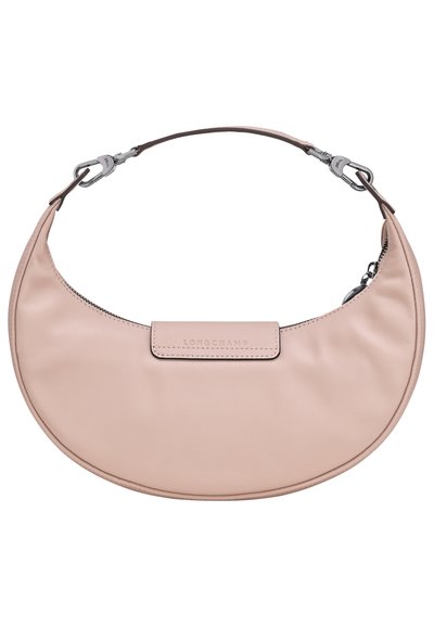 Hobo bag in soft pink leather with a rounded silhouette, silver hardware, and a front flap featuring embossed logo. Zipper closure at the top.