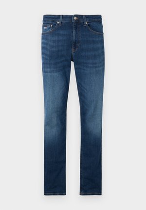 Mørkeblå denimjeans med rett ben. Funksjoner inkluderer knapp og glidelås, fem lommer og en subtil falming.