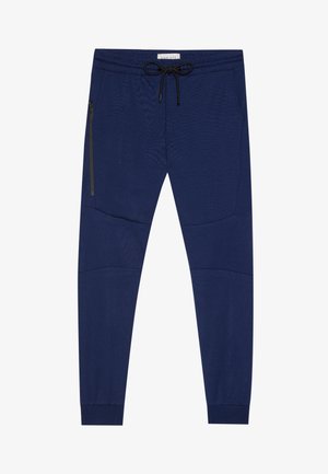Pantaloni jogger navy con vita elasticizzata e cordoncino nero. Presentano una tasca con zip e pannelli testurizzati lungo i lati.