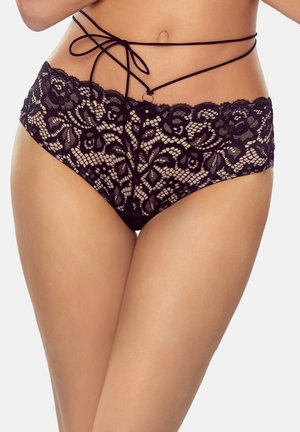 Schwarze Spitzen-Hüfthosen mit floralem Muster, einem transparenten Einsatz und verstellbaren Bändern am Bund. Mit Goldtönen akzentuiert.