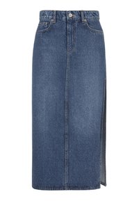 Fustă albastră din denim, cu talie înaltă și lungime până la genunchi, cu închidere frontală cu nasturi, bucle pentru curea, fanta laterală și design clasic cu cinci buzunare.