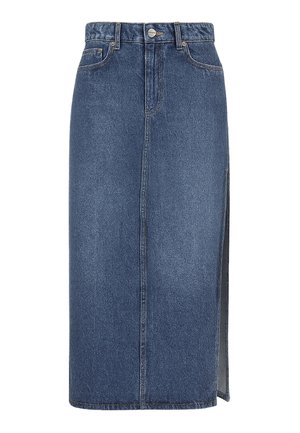 Mėlynas džinsinis sijonas iki kelių, aukštu liemeniu, su priekinėmis sagomis, diržo kilpelėmis, šoniniu skeltuku ir klasikiniu penkių kišenių dizainu.