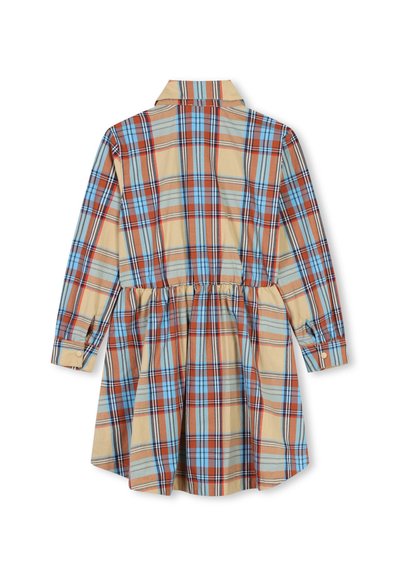 Abito a maniche lunghe in beige con motivi a quadri blu, rossi e marroni. Presenta un colletto e una vita arricciata con gonna svasata.