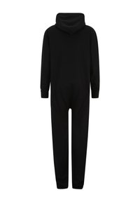Monopatín negro con capucha, de manga larga y piernas largas, hecho de una tela suave. Presenta un diseño simple sin acentos adicionales.