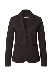 Černý blazer vyrobený z hladkého materiálu s klopovým límcem, jedním knoflíkovým zapínáním, dvěma předními kapsami a upraveným střihem.