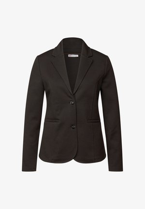 Czarna marynarka z gładkiego materiału, z klapami typu notched, zapinana na jeden guzik, z dwoma przednimi kieszeniami i dopasowanym krojem.