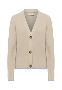 Beige knitted cardigan with a V-neck, five large brown buttons, and light blue accents at the hem and cuffs. Textured fabric design.
