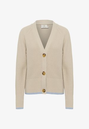 Beige knitted cardigan with a V-neck, five large brown buttons, and light blue accents at the hem and cuffs. Textured fabric design.