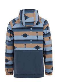 Veste d'extérieur multicolore avec capuche, ornée de motifs géométriques dans des tons de marron, bleu et noir. Texture lisse, poignets élastiques.