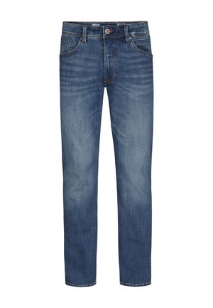 Jeans in denim azzurro chiaro con taglio dritto, design a cinque tasche e lieve scolorimento. Presentano una chiusura con bottone e cerniera in vita.