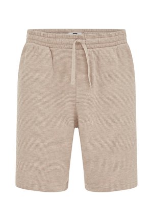 Beežikad tekstuuriga kootud püksid elastse vöökohaga ja ees nööriga, põlveni, vabaaja stiilis.