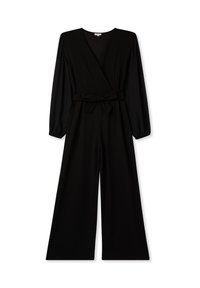 Czarny kombinezon z długimi rękawami, dekoltem w kształcie litery V, fasonem kopertowym i wiązaniem w pasie. Wykonany z gładkiego materiału, z szerokimi nogawkami i bez widocznych zapięć.