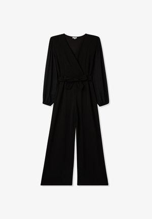 Tuta nera con maniche lunghe, scollo a V, design avvolgente e vita con laccetto. Realizzata in tessuto liscio con taglio ampio e senza chiusure visibili.