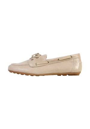 Beige glittery leather loafer with lace-up front, moc toe stitching, and rubber sole designed for casual wear.