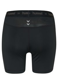 Black athletic shorts with a fitted design, featuring a textured waistband labeled "hummel" and three chevron accents in gray.