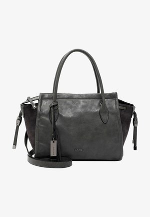 Szara torebka ze skóry i zamszu z podwójnymi uchwytami, odłączanym paskiem, bocznymi zamkami oraz małą metalową plakietką z logo z przodu.