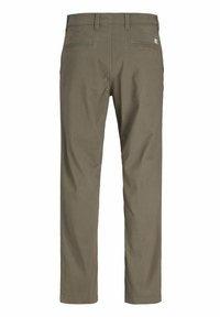 Olivgrüne Hosen mit geradem Schnitt, zwei Gesäßtaschen und einem Bund. Hergestellt aus einem glatten, strapazierfähigen Stoff mit einem einfachen Design.