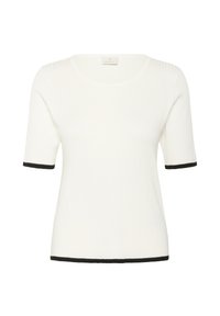 Haut blanc à manches courtes côtelé avec un col rond et des bordures noires sur les manches. Fait en tissu doux et texturé.