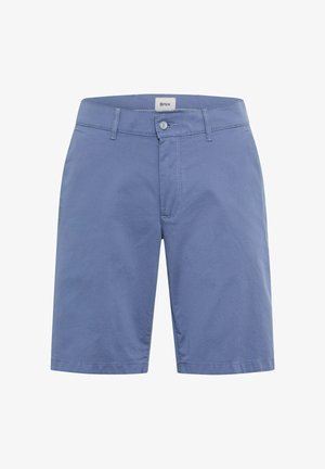 Blaue legere Herren-Shorts mit Gürtelschlaufen, Knopfverschluss und Vordertaschen, geprägt mit einem kleinen Brax-Label innen im Bund.