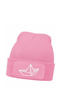 Pink knit beanie with a ribbed texture and a folded cuff. Features a white boat graphic on a rectangular patch. Soft fabric, casual design.