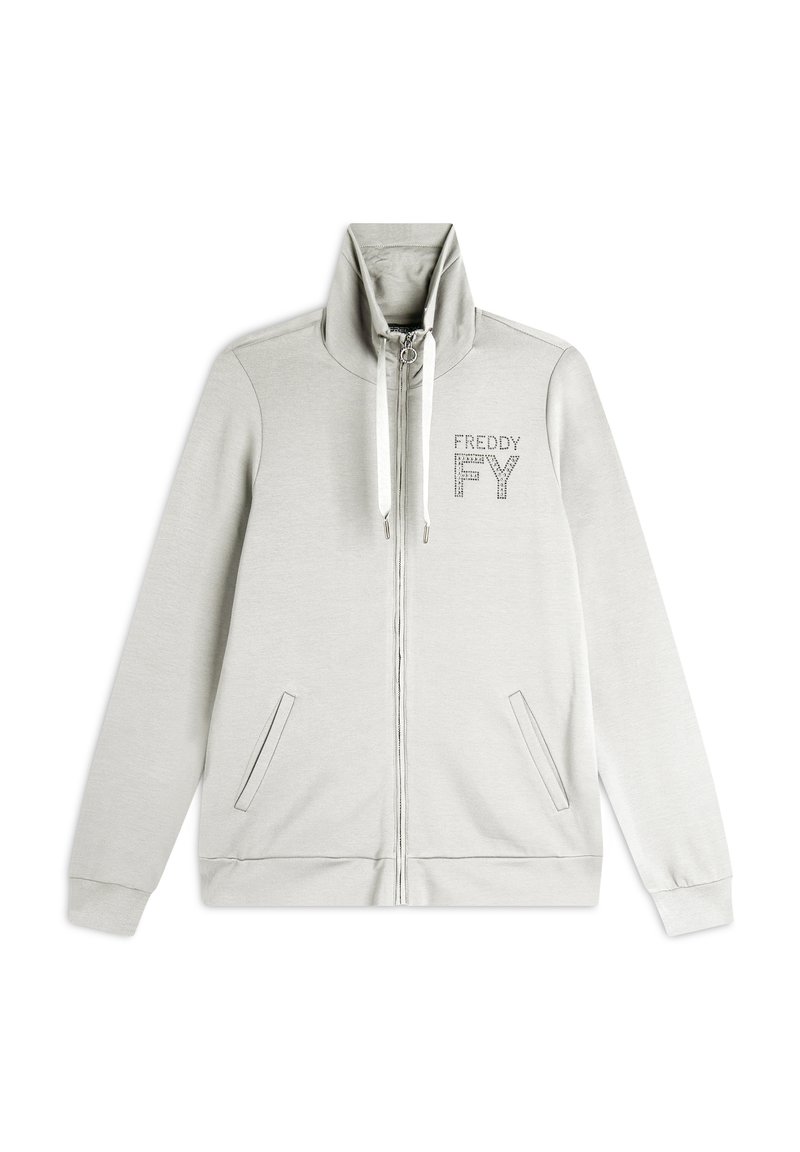 Sweatshirt zippé gris clair avec col haut, poches avant et détails de marquage réfléchissants. Fabriqué en tissu doux et texturé.