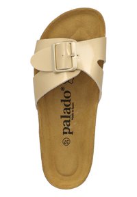Beige slidesandal med bred rem och spänne, med en texturerad fotbädd och platt sula, präglad logotyp och minimalistisk design.