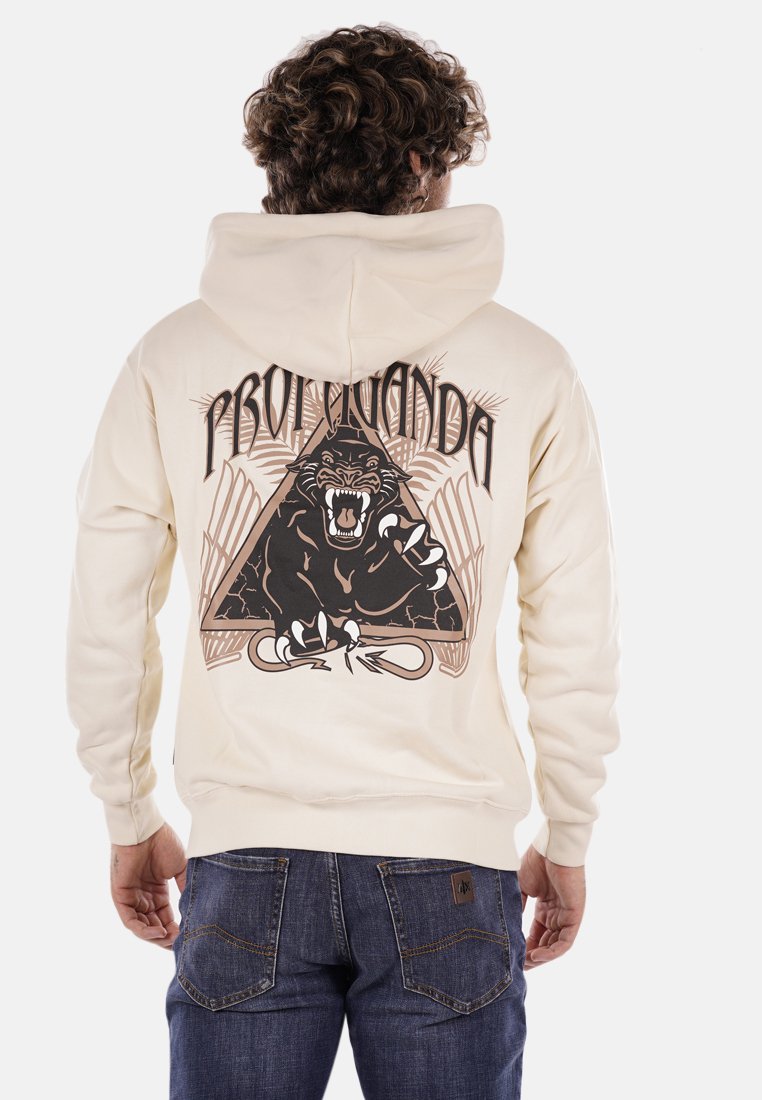 Felpa color crema con un grande graphic di una pantera nera sul retro, con design intricati e testo sopra. Tessuto morbido, vestibilità rilassata.