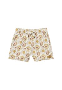 Zwemshorts met een koord in de taille, crèmekleurige achtergrond en geometrische patronen in geel, bruin en oranje. Voorzien van een merklabel.