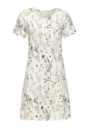 Short-sleeve dress in a lightweight fabric, featuring a white base with a floral print in pastel tones, and a small button placket at the neckline.