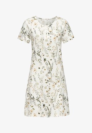 Korte mouw jurk van een lichtgewicht stof, met een witte basis en een bloemenprint in pastelkleuren, en een kleine knopenlijst bij de hals.