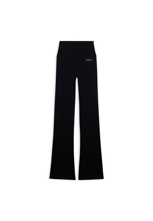Pantaloni a vita alta neri a campana con logo Freddy sulla vita anteriore, distesi su uno sfondo bianco.