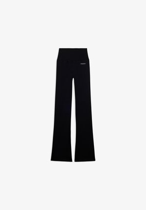 Black high-waist flare pants with Freddy logo on the front waistband, laid flat on a white background.