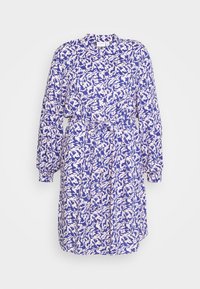 Modré a bílé tištěné šaty volného střihu s dlouhými rukávy, zapínáním na knoflíky vpředu, detailem k zavázání v pase a celoplošným květinovým vzorem.